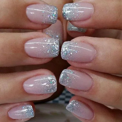 24Pcs Sweet Cool Press on Nails Short Square False Nail Gradient Glitter Line Fake Nails Full Cover Glossy Acrylic Manicure Nail