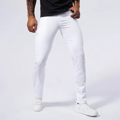 Summer new men's white casual versatile high elastic straight leg jeans with tight and stylish sports and fitness pants for men