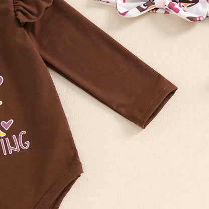 Lioraitiin Baby Girl Thanksgiving Outfit, Turkey Print Long Sleeve Romper Flared Pants Bow Headband 3Pcs Set for Fall