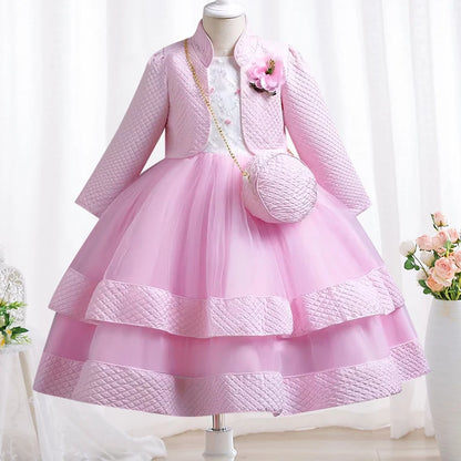 3-piece New Girls' Princess Dress Embroidered Long Sleeve Elegant Girls' Dress Children's Birthday Party Dress+Bag Set