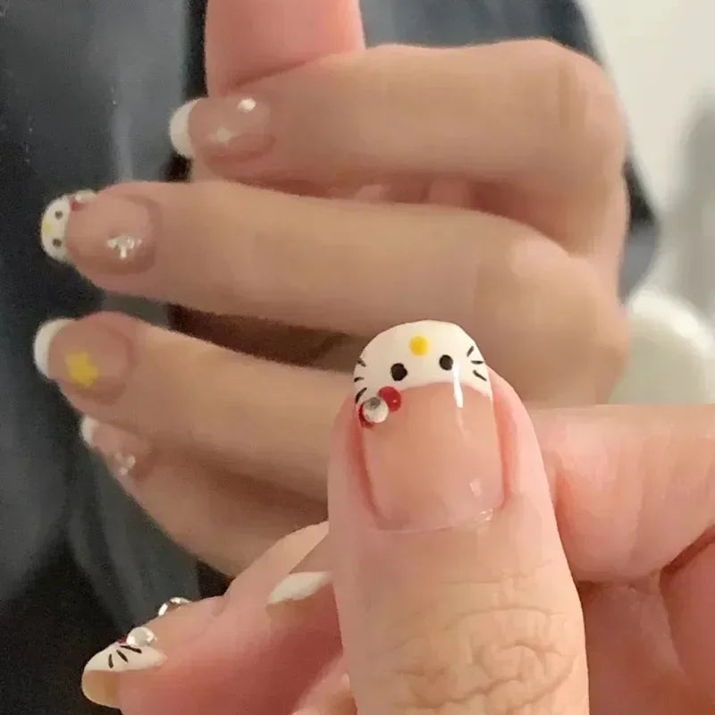 Sanrios Nails helloKitty Fresh Cute Korean Fake Nail Tips Girl Wearing Kawaii Short Cartoon Acrylic Press on Nail