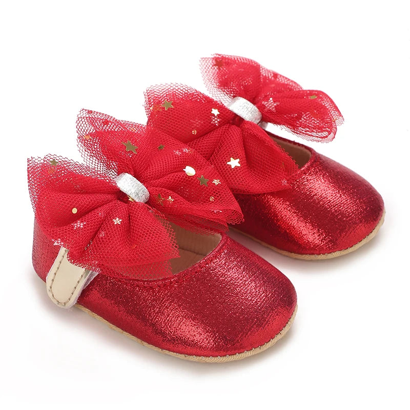 Newborn Baby Shoes Baby Girl Shoes Girl Classic Red Bowknot Rubber Sole Anti-slip PU Dress Shoes First Walker Toddler Crib Shoes