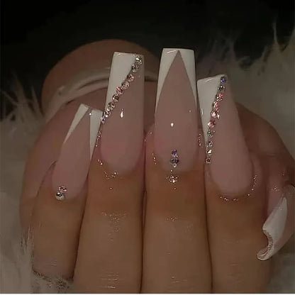 24Pcs Simple White French Press on Nails with Glue Long Ballet False Nails Wearable Coffin Fake Nails Full Cover Nail Tips