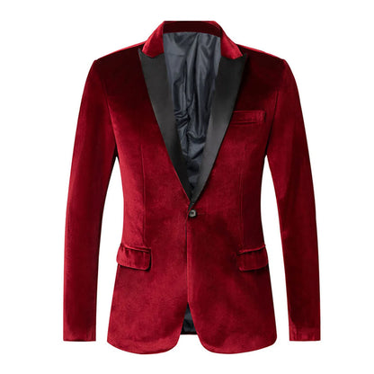 Spring Velvet Men Blazer Solid Color Temperament Suit Jacket Turndown Collar Long Sleeve Slim Fit Single Button Velvet Suit Coat