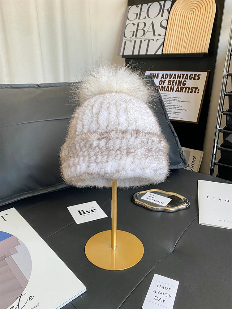 New Women Winter Natural Mink Fur Hats Knitted Real Mink Fox Fur Ball Caps Female Russian Warm Beanies Hat Fur Hat