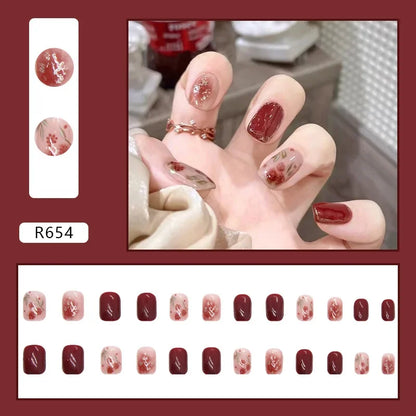 Vintage Camellia Wearable Pink Press on Fake Nails Tips with Glue False Nails Design Butterfly Lovely Girl False Nails