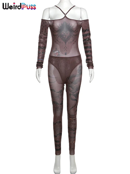 Weird Puss Sexy See Through Women 2 Piece Set Fashion Heart Print Slash Neck Bodysuit+Leggings Matching Midnight Clubwear Suit