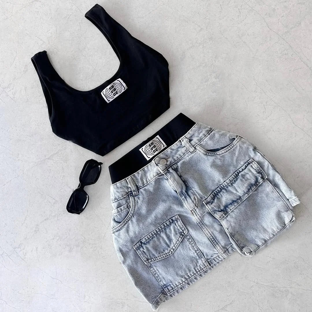 Summer letter contrast casual fashion camisole slim hot girl top high waist denim shorts retro temperament niche design suit