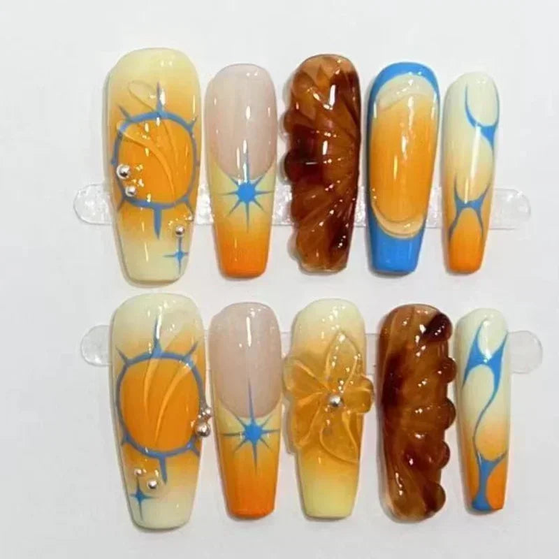 10Pcs Handmade Press On Nails Full Cover Colorful Flower Butterfly French Ballet Summer