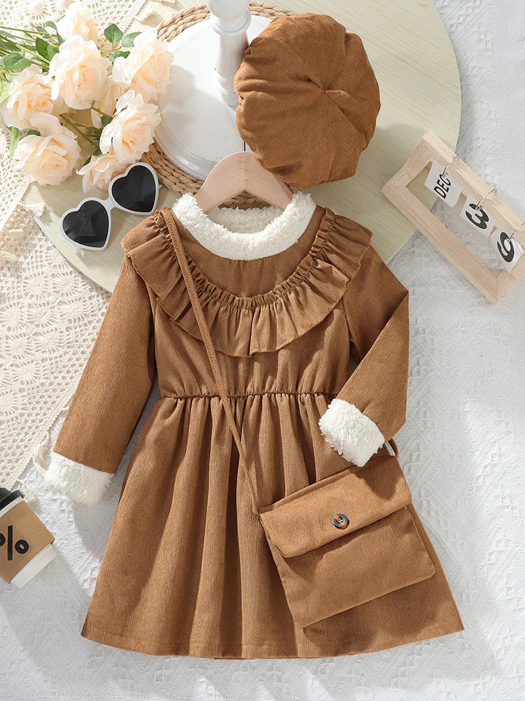 Girls autumn fur stitching corduroy long-sleeved dress + crossbody bag + hat