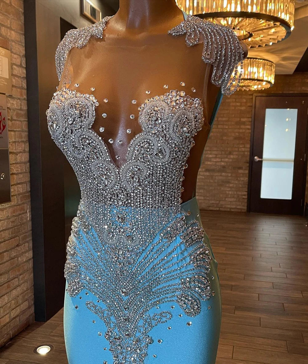 Long Sparkly Prom Dresses 2025 Sexy Sheer Top Luxury Diamond Light Blue Black Girls Mermaid Prom Gala Party Gowns