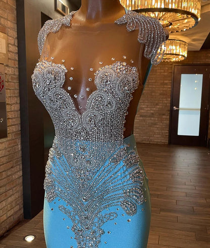 Long Sparkly Prom Dresses 2025 Sexy Sheer Top Luxury Diamond Light Blue Black Girls Mermaid Prom Gala Party Gowns