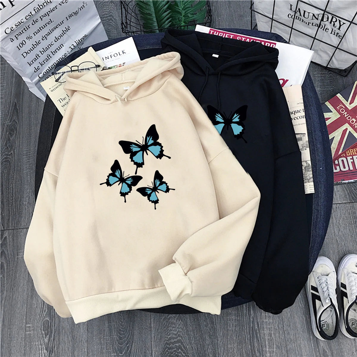 Hirsionsan Butterflies Graphic Print Hoodies Women Chic Long Sleeve