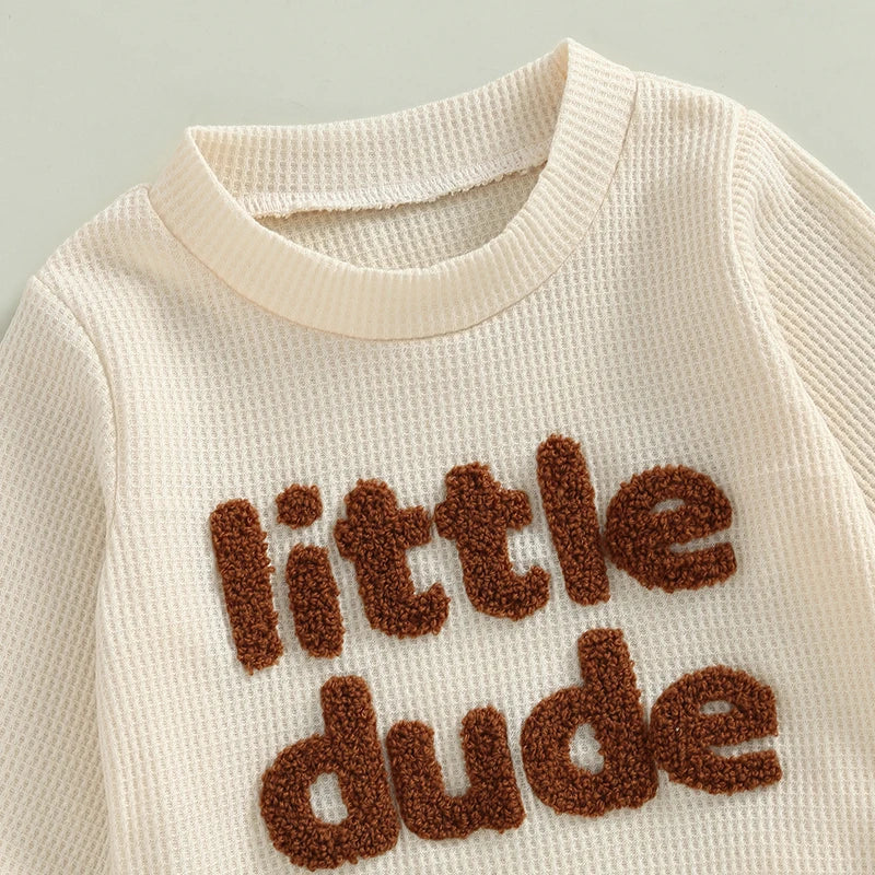 Toddler Boy Girl Waffle Outfit Letter Embroidery Long Sleeve Sweatshirt with Elastic Waist Solid Pants Set