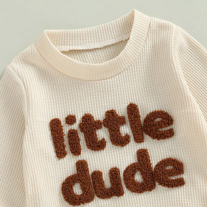 Toddler Boy Girl Waffle Outfit Letter Embroidery Long Sleeve Sweatshirt with Elastic Waist Solid Pants Set