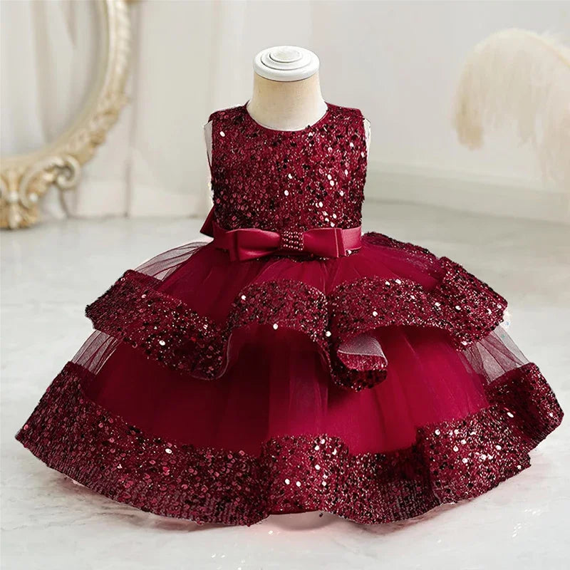 Sequin Birthday Party Dress for Baby Girls Sleeveless Elegant Tulle Princess Dress Red Green Christmas Dress for Kids New Year