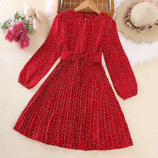 Dress Kids Girls 8-12 Years Red Polka Dot Long-Sleeved Pleated Dress For Girls Elegant Vacation Holiday Party Dress