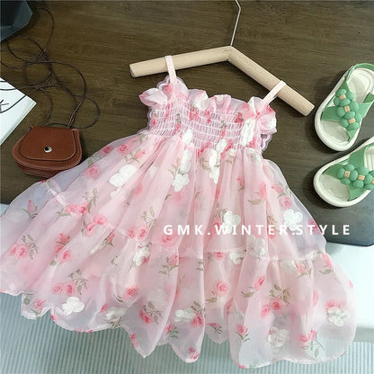 (0-3 years old) Summer Baby Girl Flower Printed Sweet Princess Dress Girl Back Bow Wings Birthday Party Dress