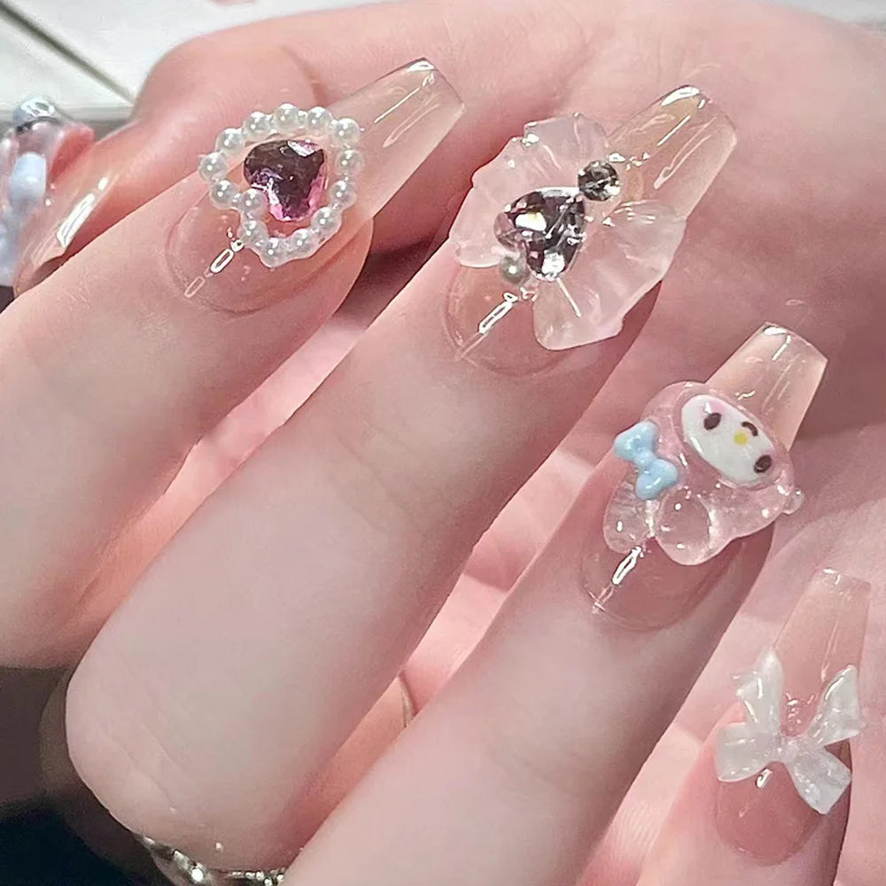 Sanrios Nails helloKitty Fresh Cute Korean Fake Nail Tips Girl Wearing Kawaii Short Cartoon Acrylic Press on Nail