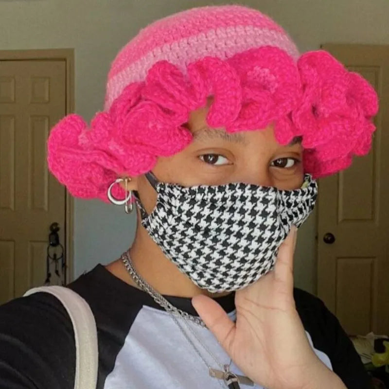 Handmade Crochet Knitted Hats Women Girl Crochet Scallop Ruffle Edge Knit Bucket Caps Adult Trendy Rainbow Striped Beach Sun Hat