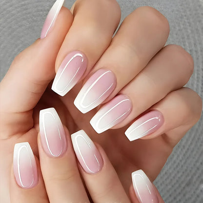24Pcs Short Square Nude Fake Nails Art White Edge Glossy Artificial French False Nails Removable Full Cover Press on Nail Tips