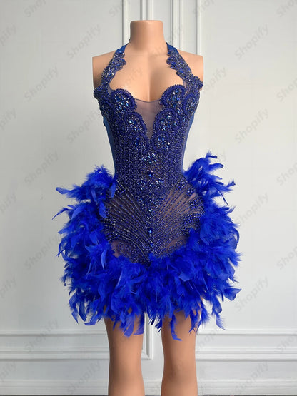 Luxury Rhinestone Black Girls Short Prom Dresses 2025 See Through Red Diamond Feathers Dress