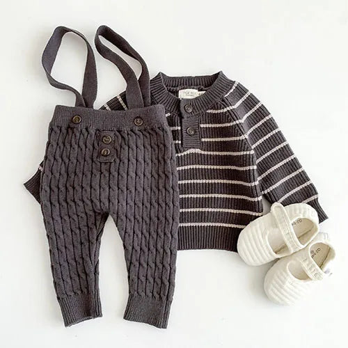 Autumn Spring Newborn Baby Boys Girls Clothing Suit Long Sleeved Striped Sweater+Strap Pants Infant Baby Knitting Clothes Set