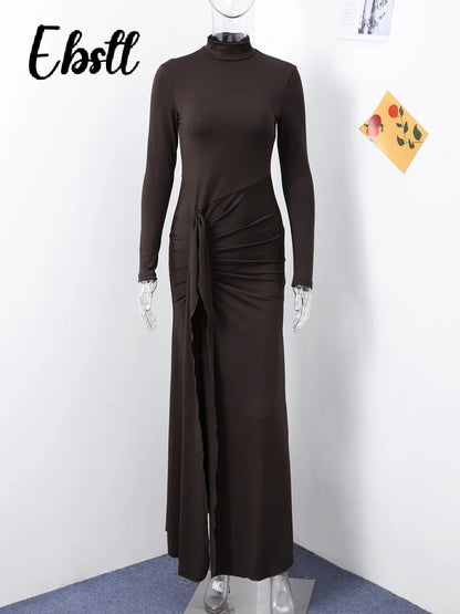 Elegant Turtleneck Pleated Party Dress Women Sexy High Split Long Sleeve Hip Package Maxi