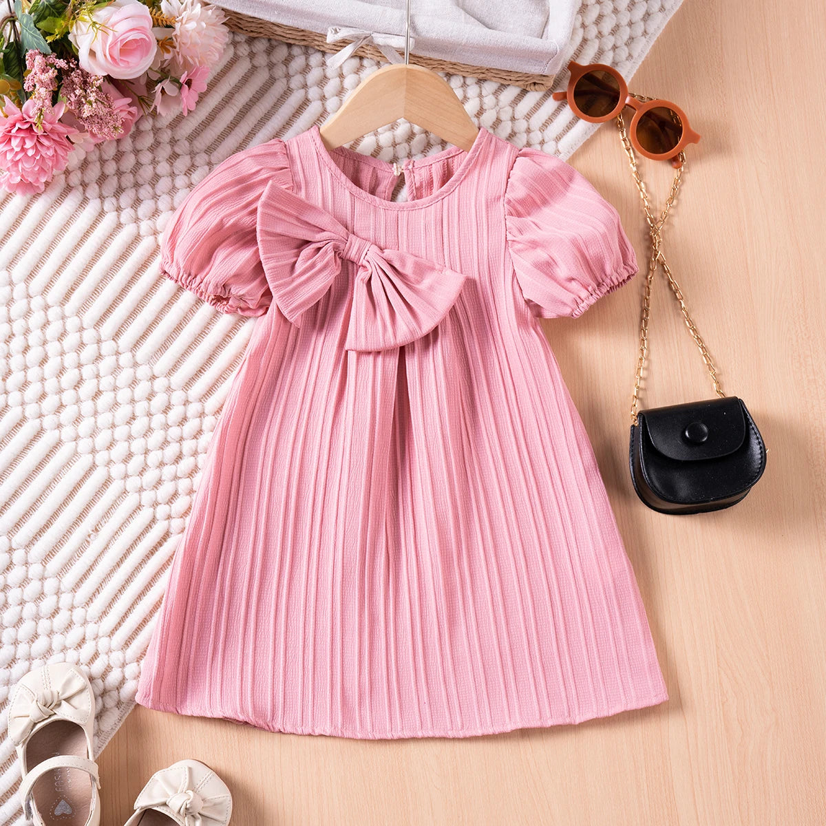 New Girl Dress Solid Color Bubble Sleeve Dress Cute Bow Party Dress Daily Casual Summer Clothing