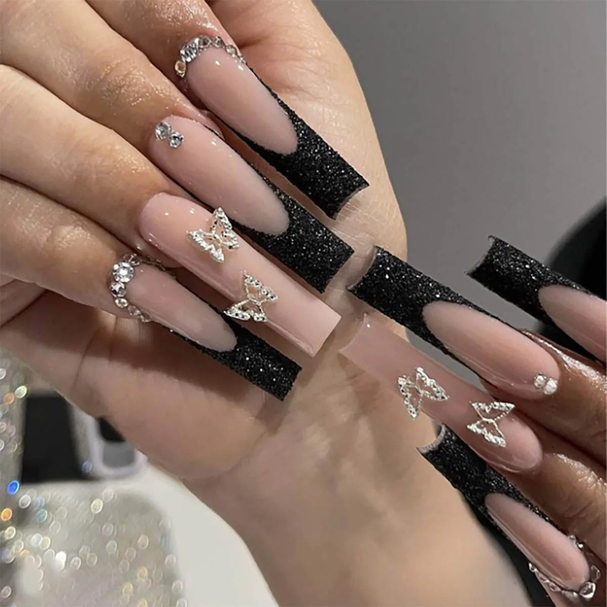 Fashionable Set Of 24 Rectangle Shaped Black French Nail Tips With Glitter & Silver Butterfly Rhinestone Decoration