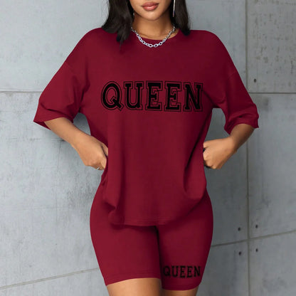 Plus size fashionable all-match shorts short-sleeved suit queen letter print simple and comfortable two-piece suit 2024 New