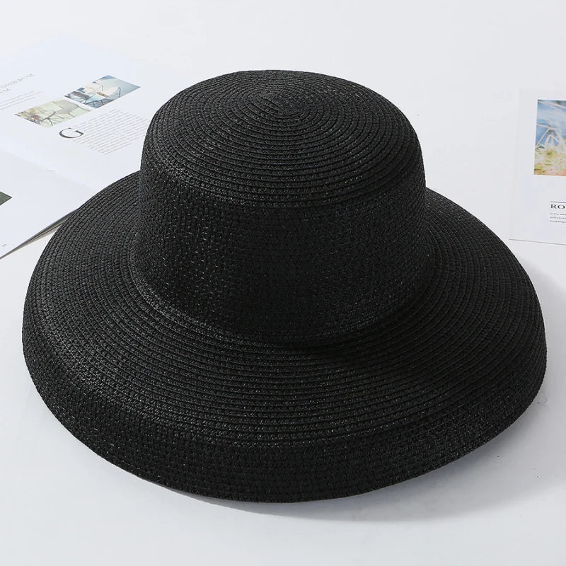 2024 New Summer Sun Hats Ladies Solid Plain Elegant Wide Brim Hat Female Round Top Panama Floppy Straw Beach Hat Women лето