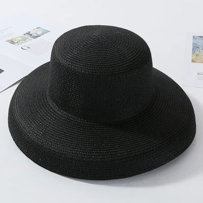 2024 New Summer Sun Hats Ladies Solid Plain Elegant Wide Brim Hat Female Round Top Panama Floppy Straw Beach Hat Women лето