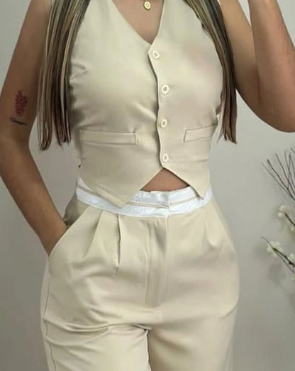 Casual Sexy Elegant V-Neck Buttoned Vest Top & Pocket Design Pants Set Womens Two Piece Sets Outfit