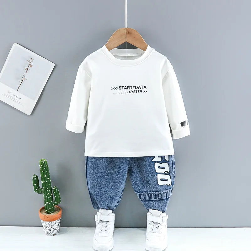 Baby boy clothes spring autumn fashion ripped denim suit letter denim jacket hooded vest + bottoming shirt + pants 3-piece set