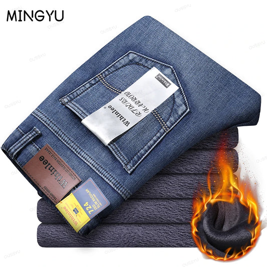 Winter Warm Fleece Classic Retro Jeans Men Thicken Stretch Blue Denim Pants Velvet Flocking Plush Trousers Male Streetwear