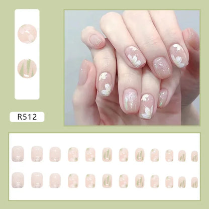 Vintage Camellia Wearable Pink Press on Fake Nails Tips with Glue False Nails Design Butterfly Lovely Girl False Nails