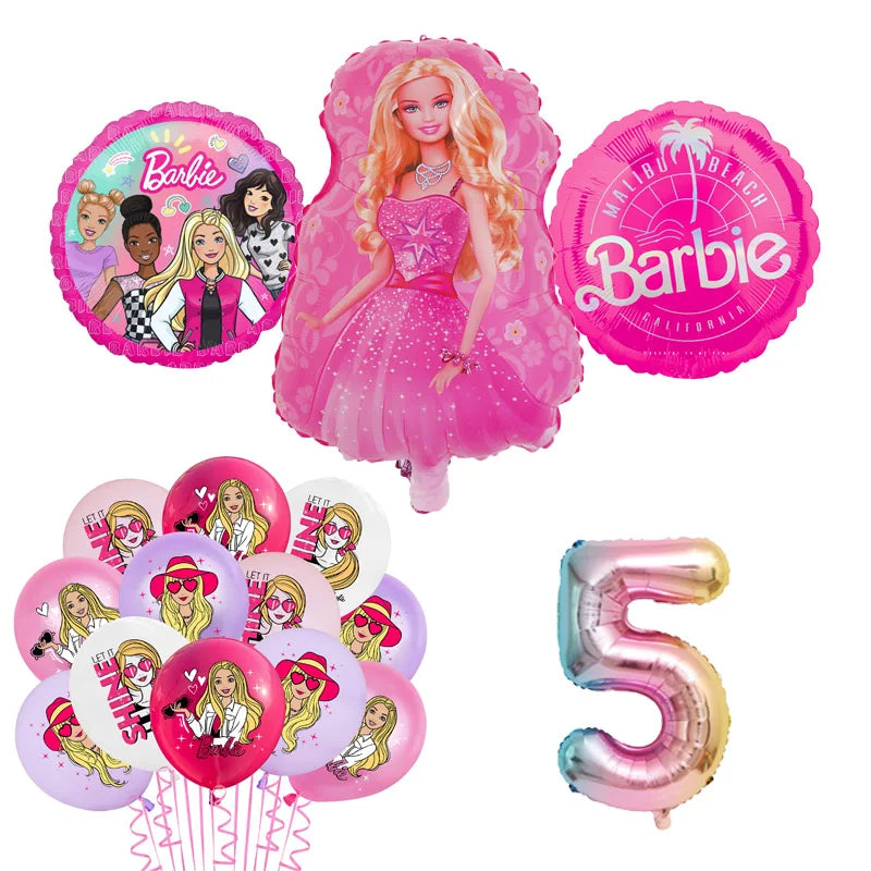 Barbie Birthday Party Supplies Pink Girl Disposable Tableware Banner Cupcake Topper Background Princess Balloons Gift Bag