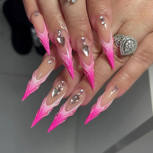 24Pcs Long Stiletto Almond Head Fake Nails with Rhinestone Design Wearable Pink French Press on False Nails Jelly Stick-ons