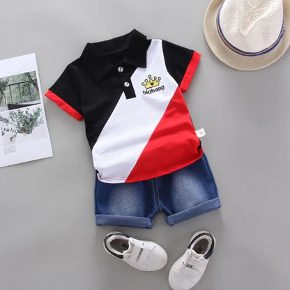 Boys Summer Shorts Set Lapel Patchwork Crown Short Sleeve Denim Shorts Two-Piece Set 0-6 Years Old Boys Children's Sets