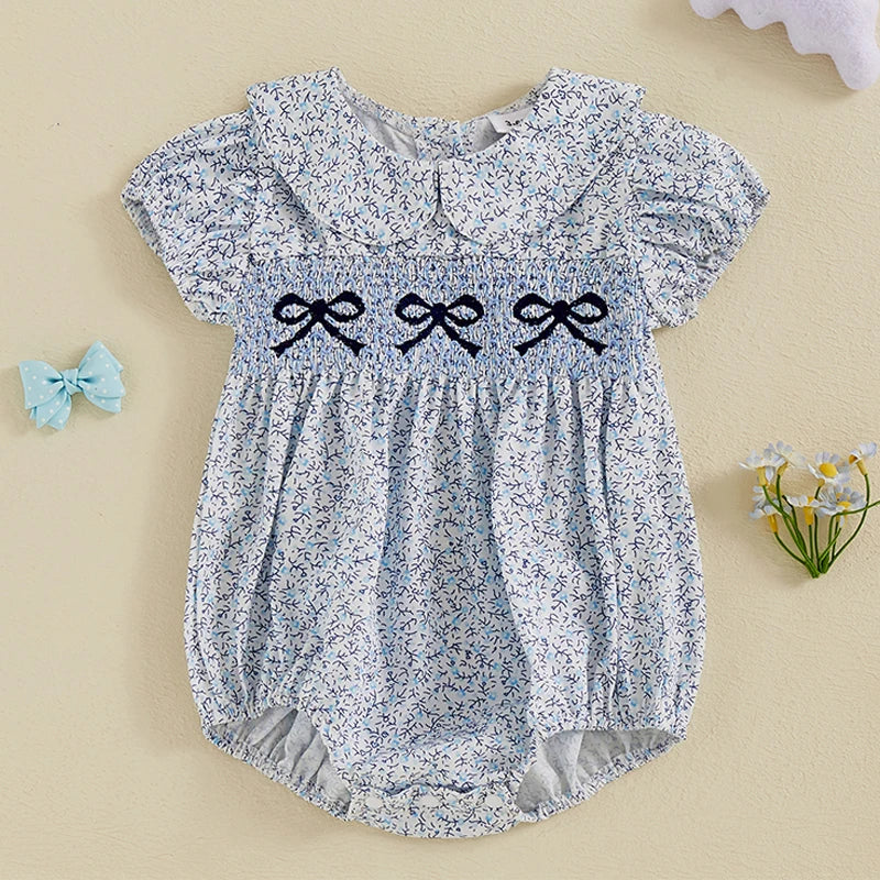 Newborn Baby Girl Romper Bow Embroidery Peter Pan Collar Short Sleeve Bubble Bodysuit Summer Clothes