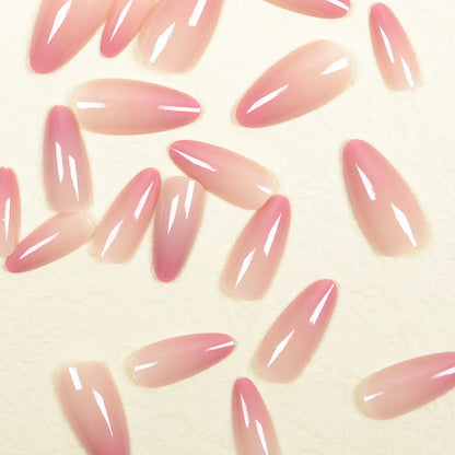 Ins Sweet Gradient Pink False Nail Patch Almond Glossy Korean Style Fake Nail Wearable 24pcs Artificiall Nails Free Shipping