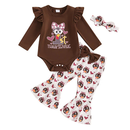 Lioraitiin Baby Girl Thanksgiving Outfit, Turkey Print Long Sleeve Romper Flared Pants Bow Headband 3Pcs Set for Fall