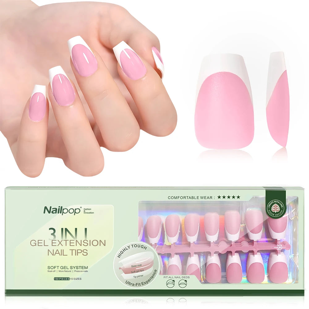 NAILPOP 150PCS Short Coffin Press on Nails 3 in 1 Coat Soft Gel Nail Tips French Tip Press on Nails 15 Sizes of Nail Art DIY