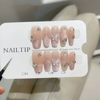 10pcs Gradient Pink Fake Nail With 3D Moon Heart Diamond Design m