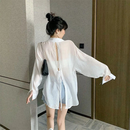 Women Elegant Chic Loose Lace Up Blouses Korean Fashion