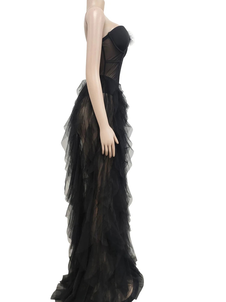 Ruffles Chffion Party Feather Maxi Dress Elegant Sheer Mesh Corset Long Party Dress