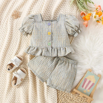 (0-3 Years Old) Summer Baby Girl Cotton Color Plaid Bubble Sleeve Top And Shorts Set Cute Princess Style Two-Piece Set For Girls