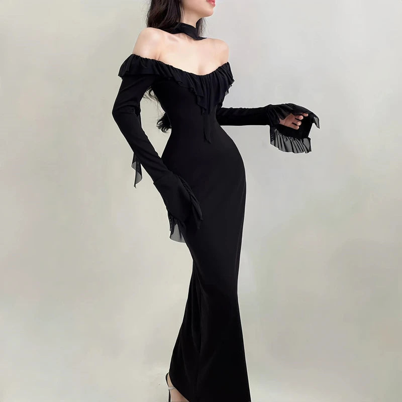 Mesh Ruffles Evening Dress Round Collar Slim Long Sleeve