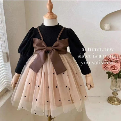 Children's Spring Autumn Long sleeves Dress  Baby Girl Big Bow Tulle Fashion Dress fit 0-3 Year Baby Girl Birthday Party Dress